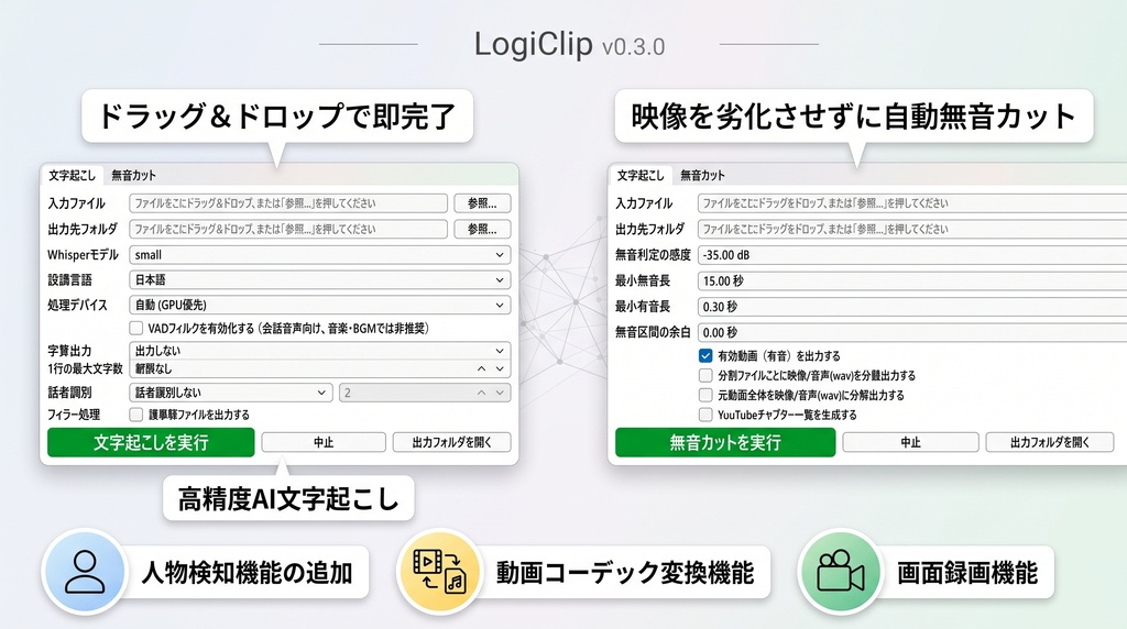 【Windows対応】動画編集の前処理をこれ1台で完全自動化！「LogiClip」v0.3.0｜無音カット・Whisper AI文字起こし・画面録画・コーデック変換・AI人物検出