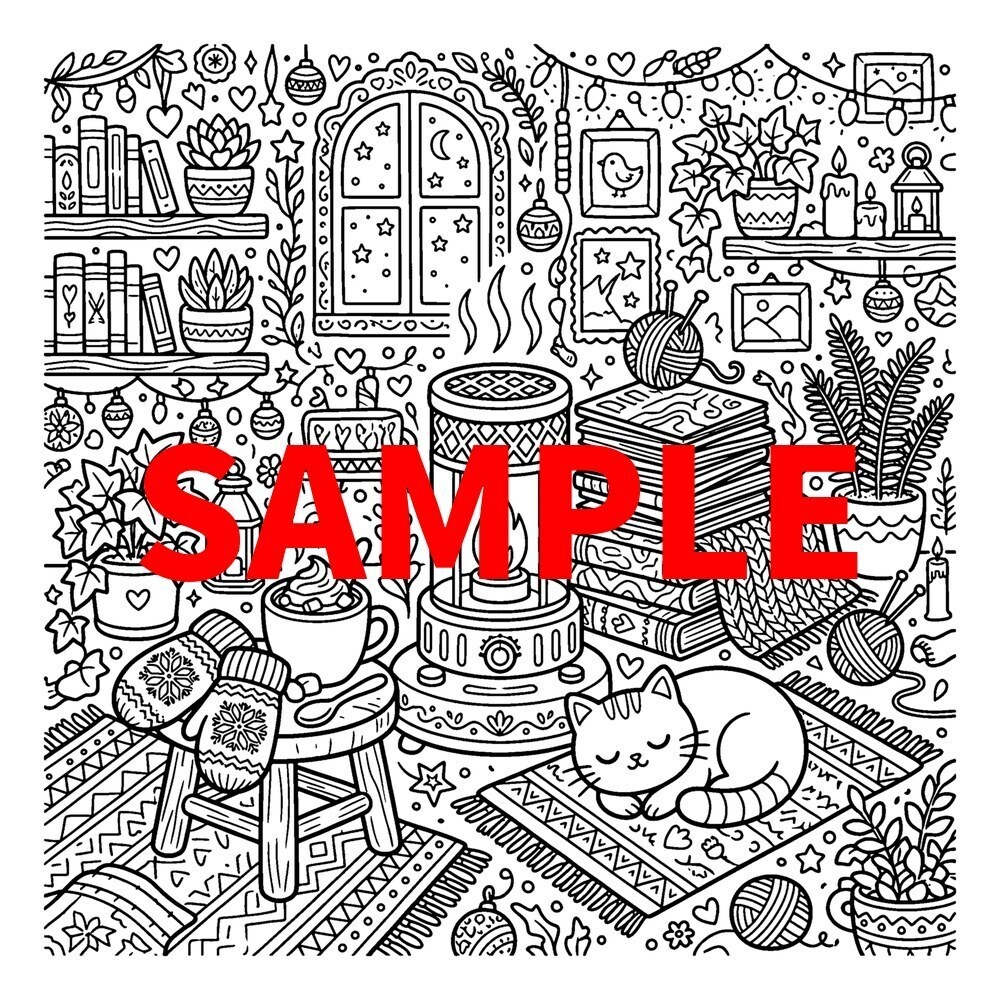 【A4印刷用PDF】大人のぬりえ 冬のカフェ 49枚