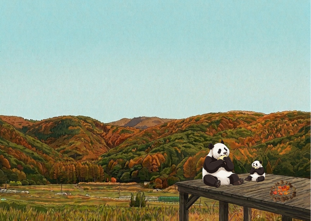 秋のパンダ|紅葉と秋の風景 デジタルポストカード 7枚セット