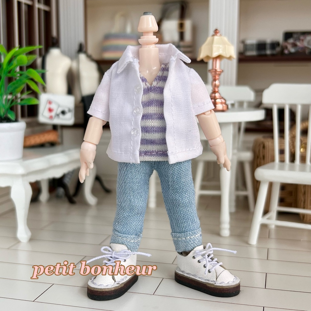 ＊オビツ11サイズ お洋服　単品　ノースリーブ　オフホワイト×ラベンダーボーダー　Ｖネック＊