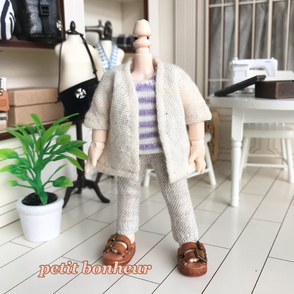 ＊オビツ11サイズ お洋服　単品　ノースリーブ　オフホワイト×ラベンダーボーダー　丸首＊