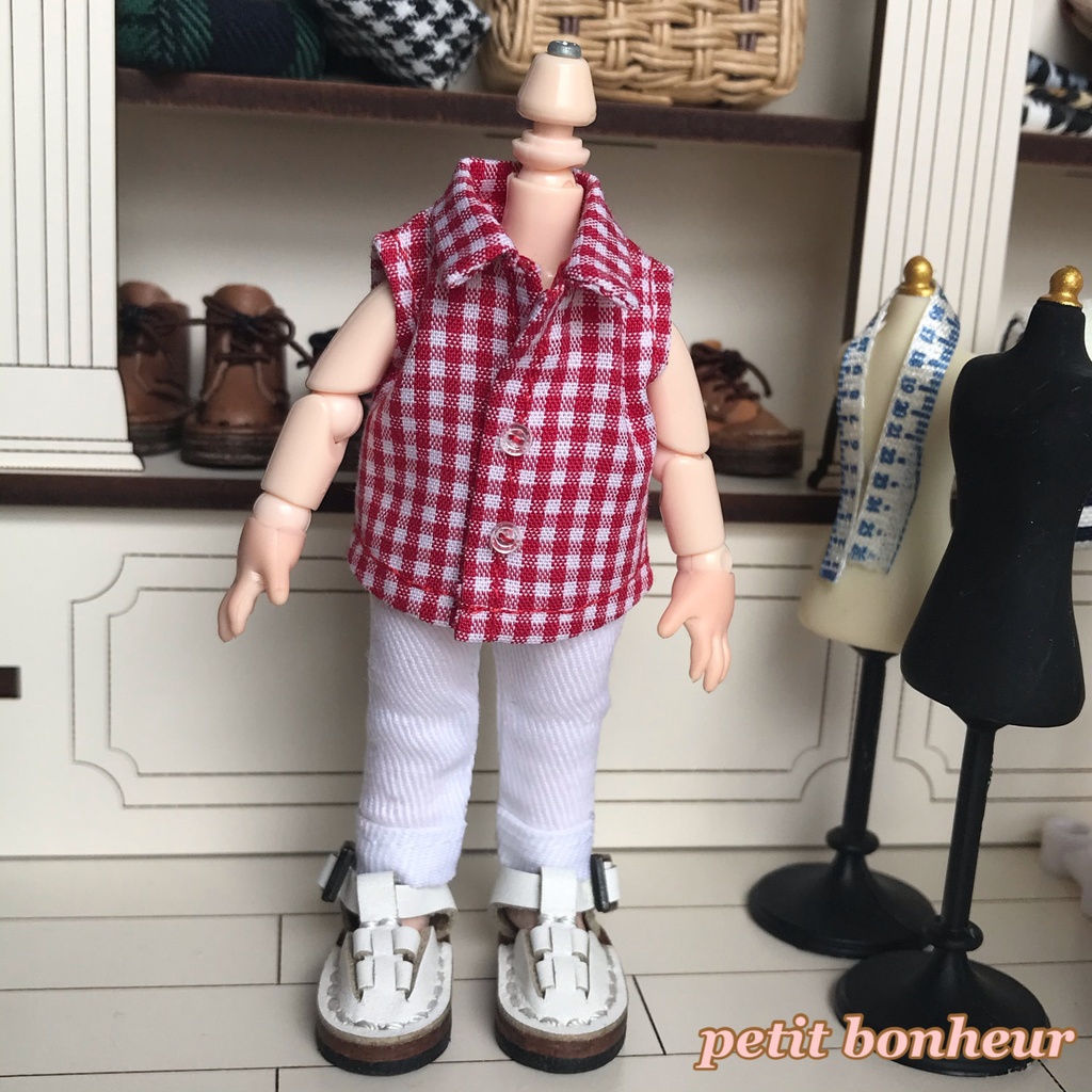 ＊オビツ11サイズ お洋服　単品　ノースリーブシャツ　ギンガムチェック　赤（小）＊