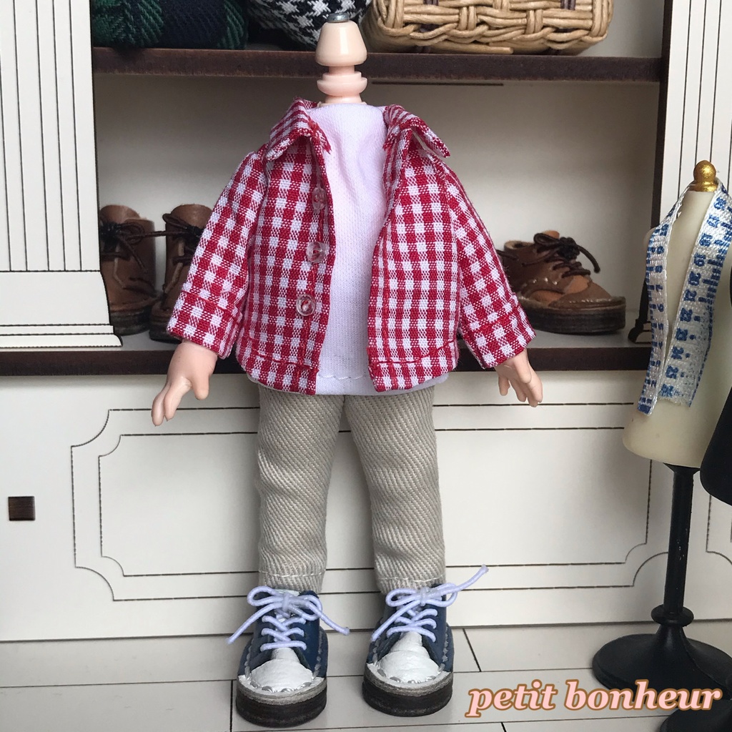 ＊オビツ11サイズ お洋服　単品　長袖シャツ　ギンガムチェック　赤（小）＊