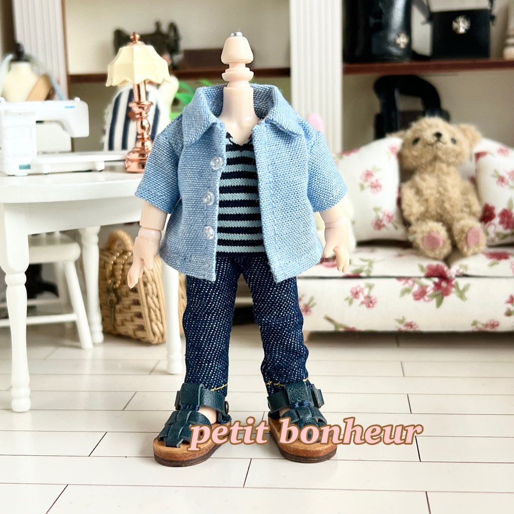 *オビツ11サイズ お洋服 単品 半袖シャツ ダンガリー スカイブルー 前開き*
