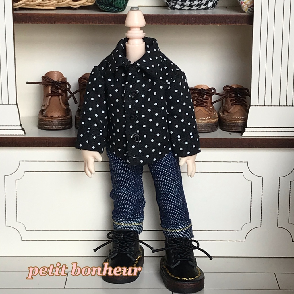 ＊オビツ11サイズ お洋服　単品　長袖シャツ　ドット　黒×白　前閉じ＊
