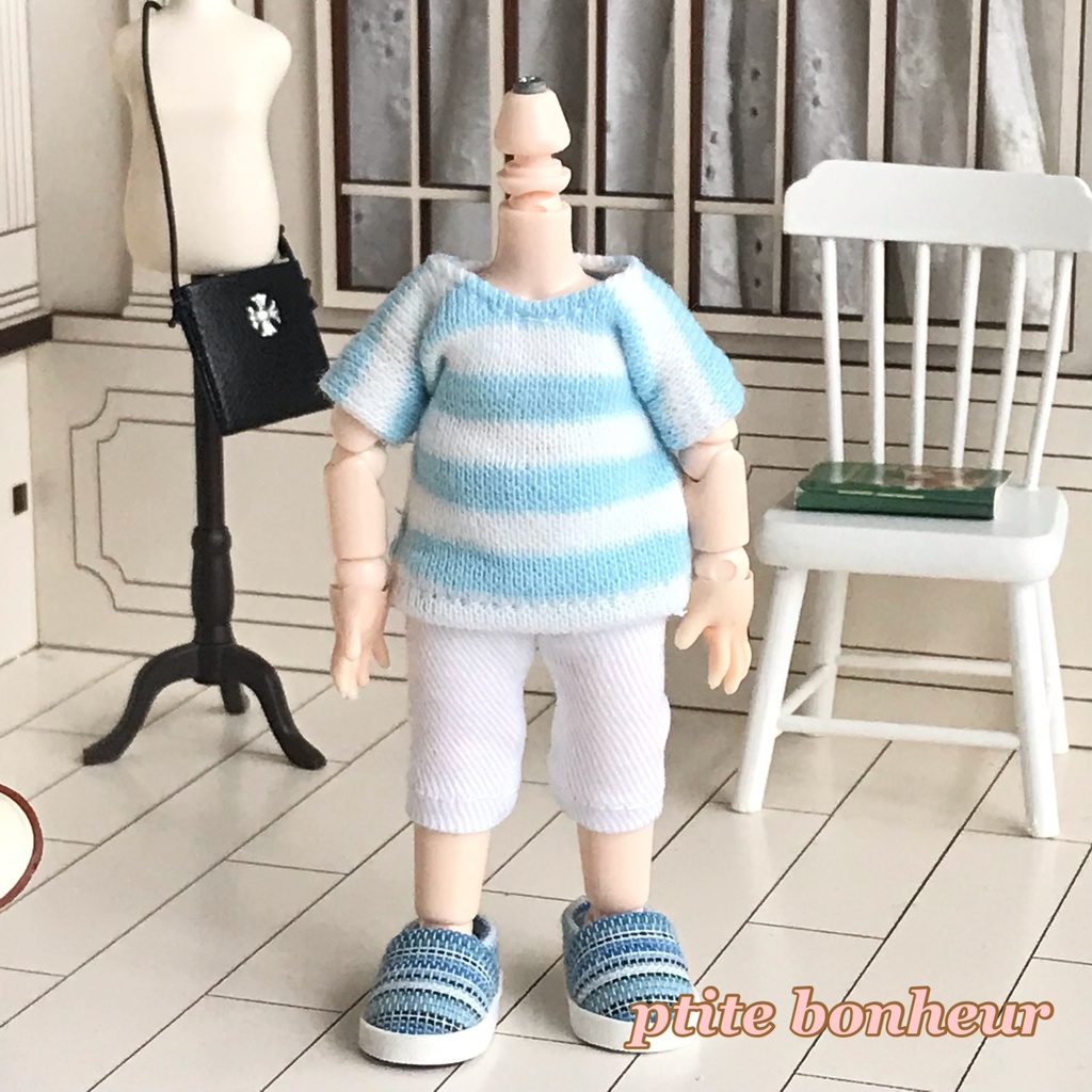 *オビツ11サイズ お洋服 単品 ニット半袖Tシャツ 水色×白ボーダー 丸首*