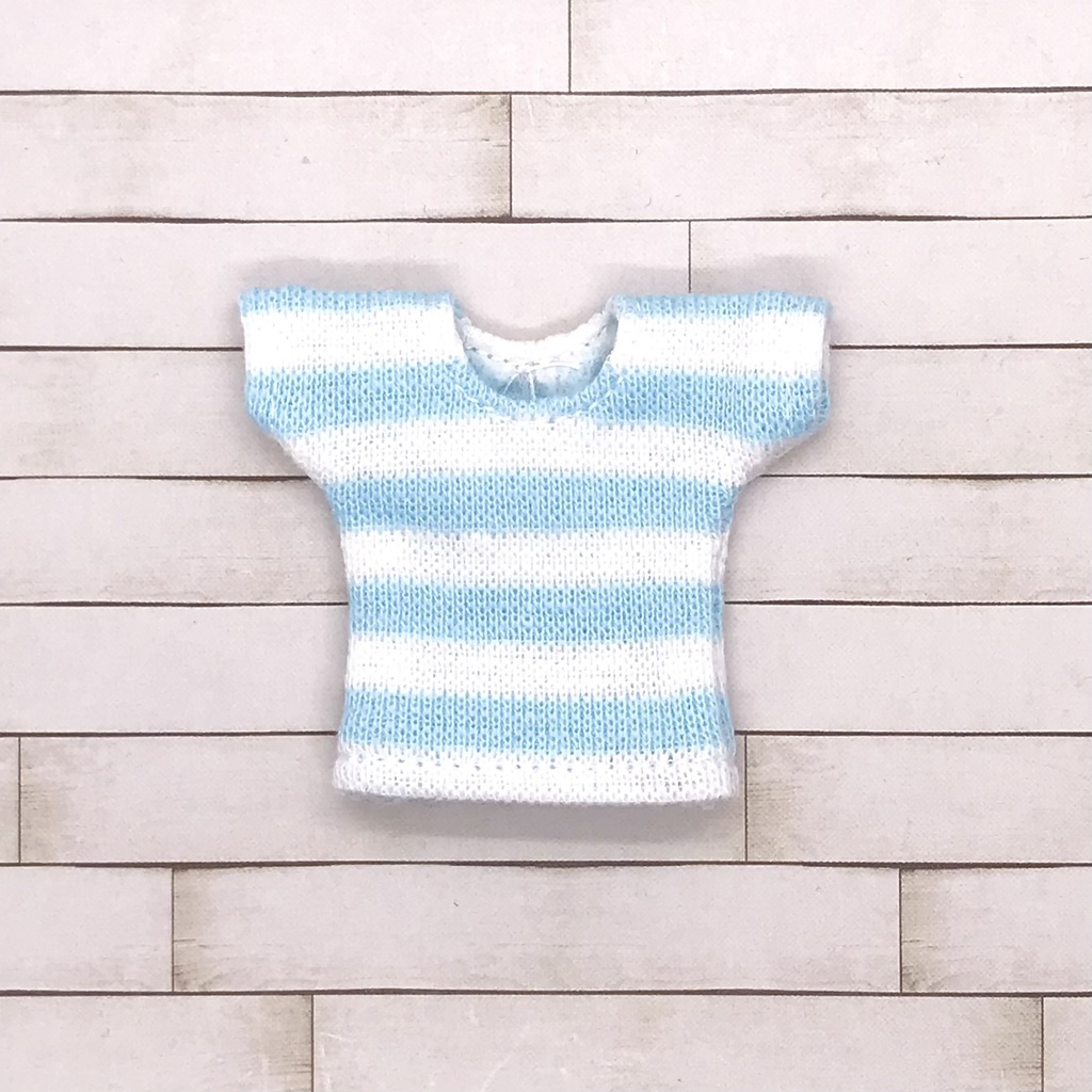 ＊オビツ11サイズ お洋服　単品　ニット半袖Ｔシャツ　水色×白ボーダー　丸首＊