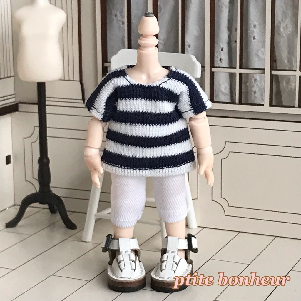*オビツ11サイズ お洋服 単品 ニット半袖Tシャツ 紺×白ボーダー 丸首*