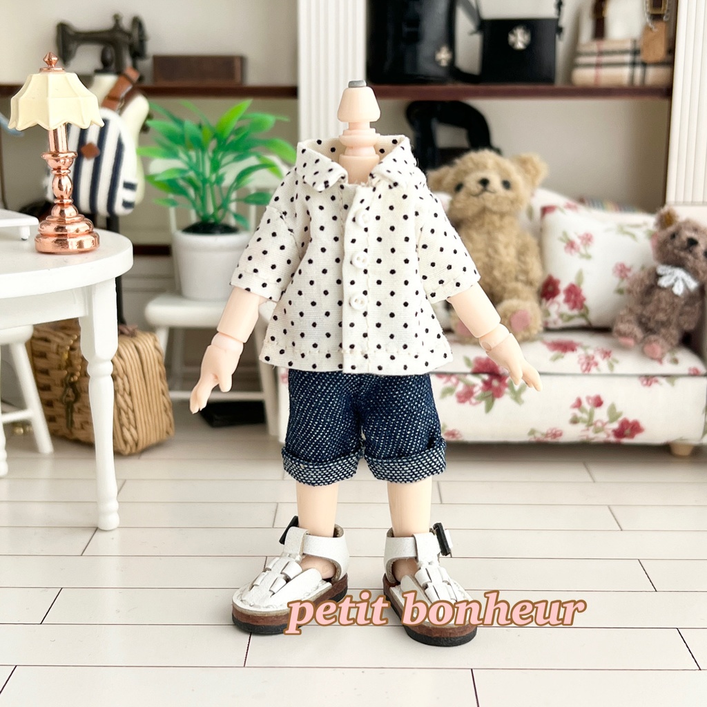 ＊オビツ11サイズ お洋服　単品　半袖シャツ　ドット　オフ白×黒　前閉じ＊