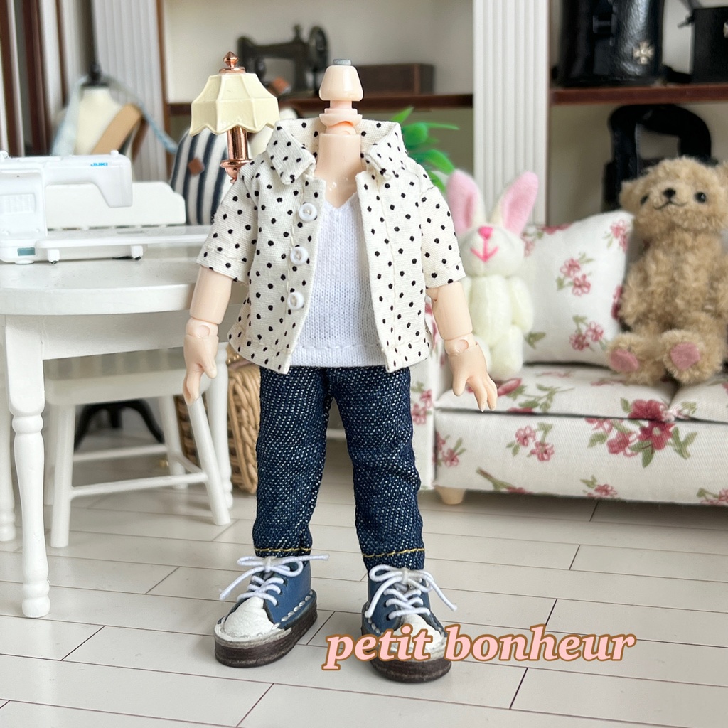 *オビツ11サイズ お洋服 単品 半袖シャツ ドット オフ白×黒 前開き*