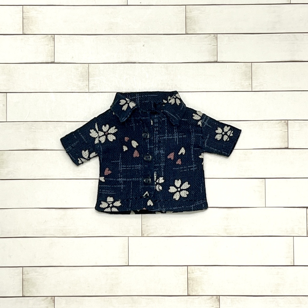 ＊オビツ11サイズ お洋服　単品　半袖シャツ　和柄　紺×桜　前開き＊