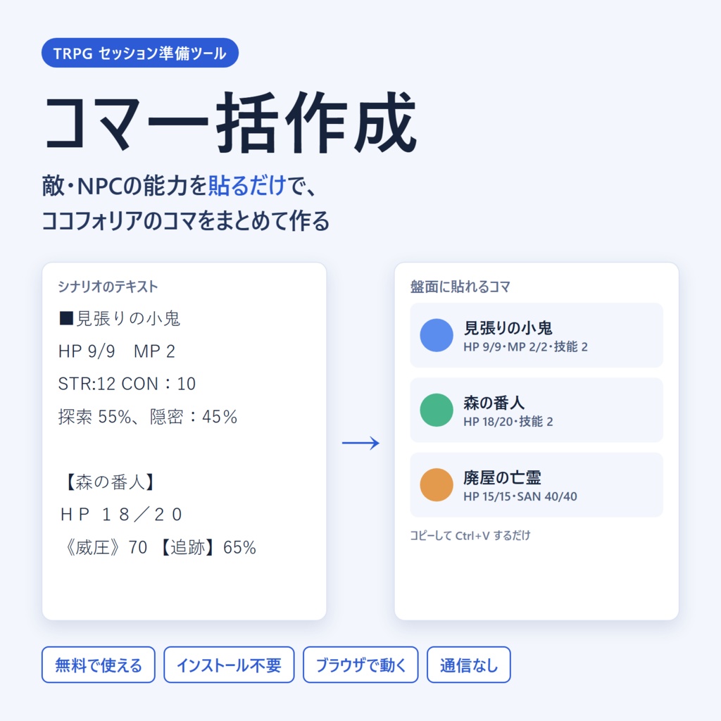 【無料】コマ一括作成｜敵・NPCの能力を貼るだけでココフォリアのコマにするツール【ブラウザで動く・インストール不要】