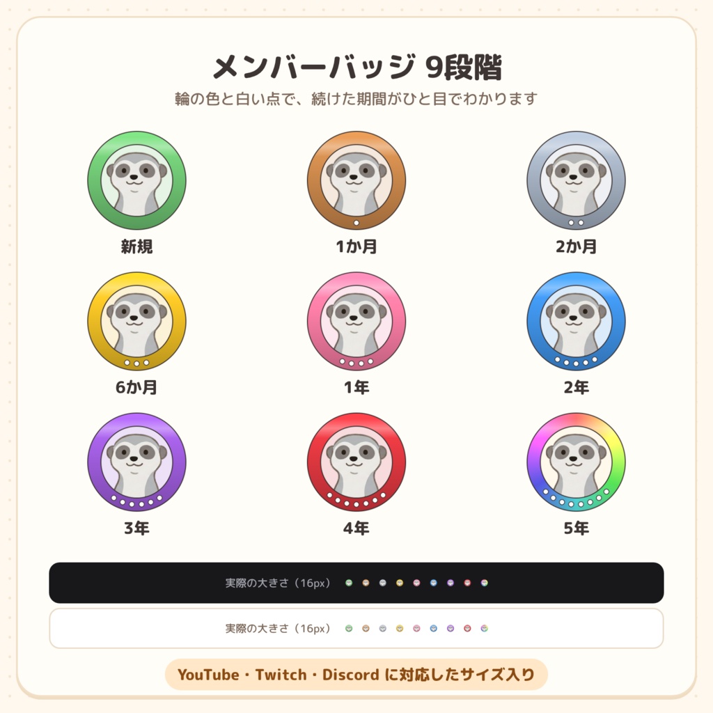 ミーアキャット「マンボリ」のメンバースタンプ24種+バッジ9種【YouTube・Twitch・Discord サイズ入り/文字あり・なし】
