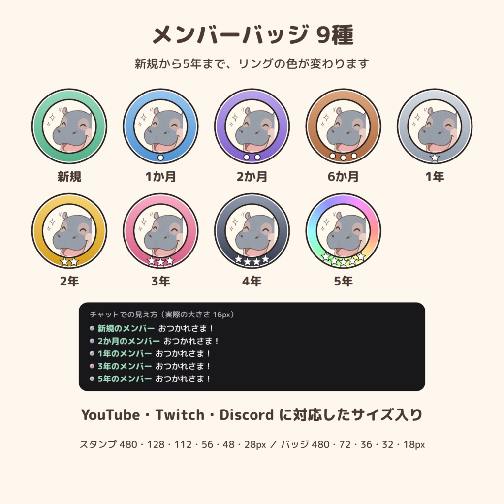 子カバ「ポンダリ」のメンバースタンプ24種+バッジ9種【YouTube・Twitch・Discord サイズ入り/文字あり・なし】