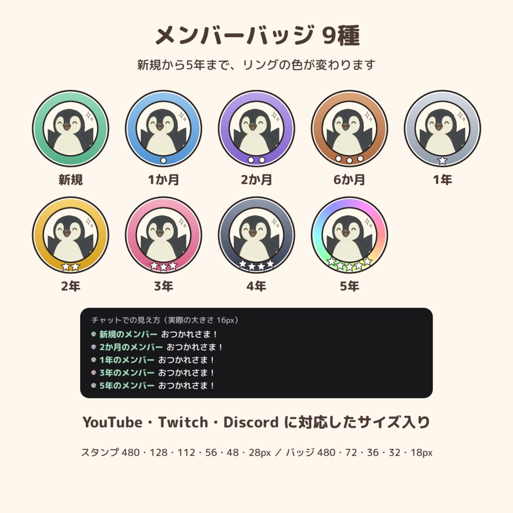 ペンギン「ミックリ」のメンバースタンプ24種+バッジ9種【YouTube・Twitch・Discord サイズ入り/文字あり・なし】