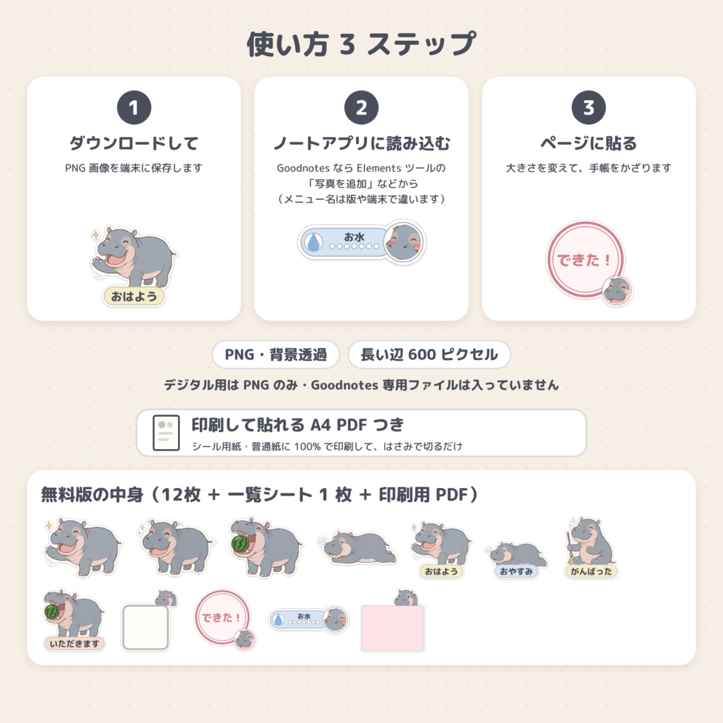 ポンダリのデジタルステッカー 109枚|子カバの手帳パーツ PNG+印刷用PDF(iPad手帳・紙の手帳に)