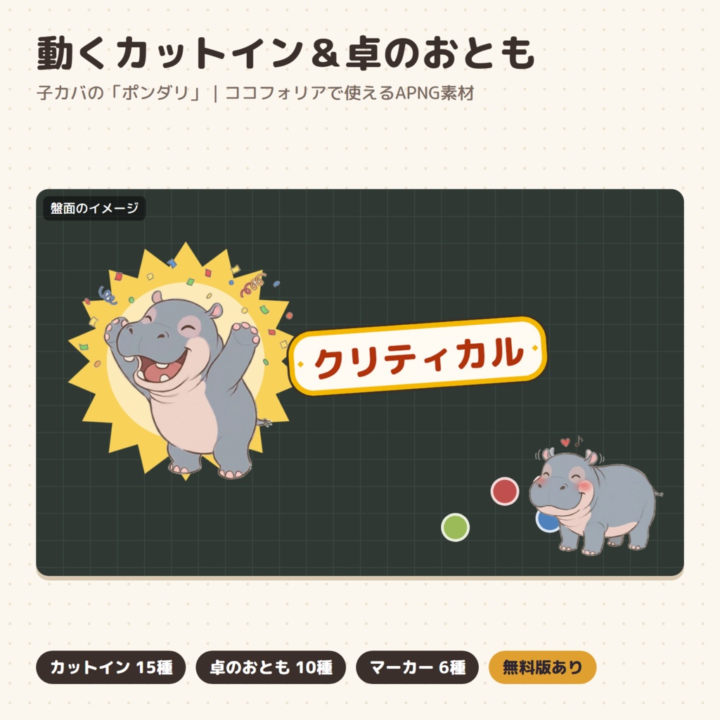 【ココフォリア素材】動くカットイン15種&卓のおとも|子カバのポンダリ