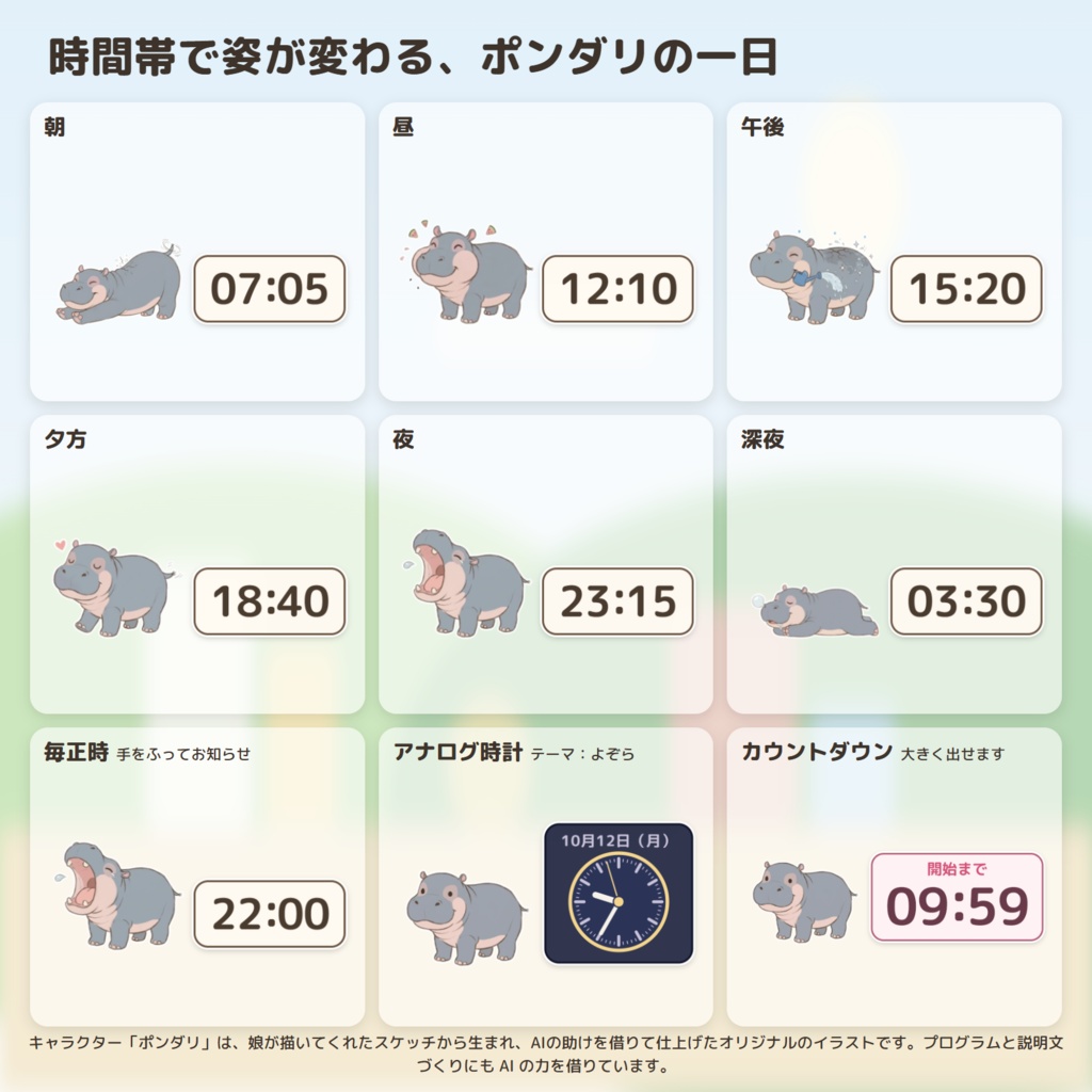 【OBS】子カバの配信時計|時計・カウントダウン・配信時間|ポンダリ