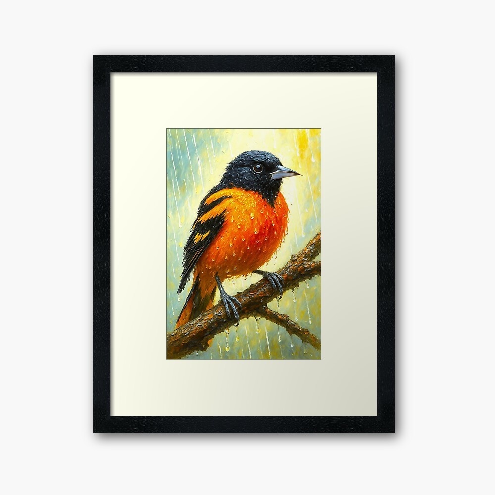 Baltimore Oriole in Rain - Digital Bird Art Print 雨の中の鳥