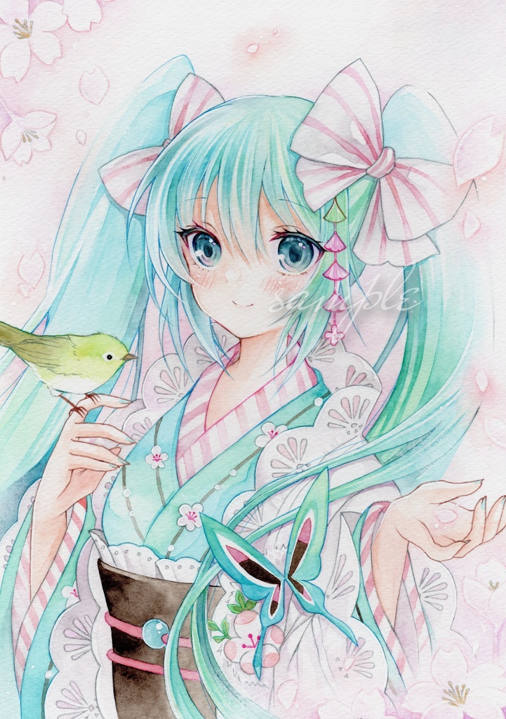 初音ミク 桜ミク 手描きイラスト - イラスト