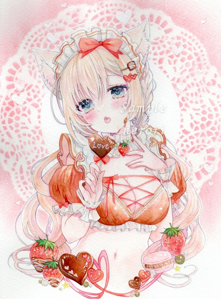 手描きイラスト アナログイラスト オリジナル 猫耳 メイドさん