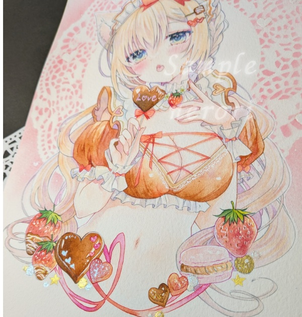 手描きイラスト アナログイラスト オリジナル 猫耳 メイドさん