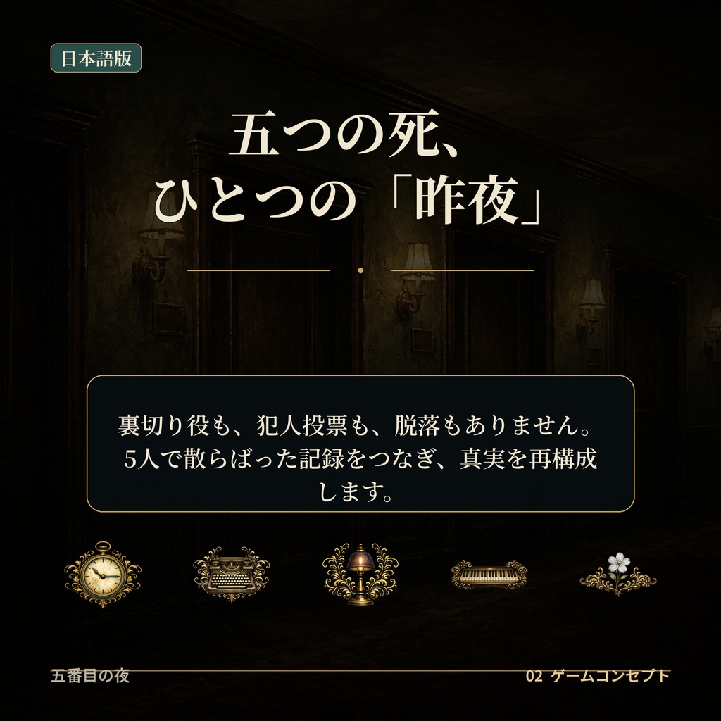【日本語版/5人用・GMレス/CCFOLIA】『五番目の夜』2回分割対応・犯人投票なしの協力型