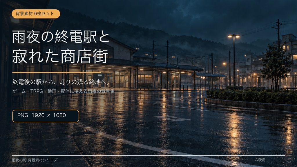 【背景素材6枚】雨夜の終電駅と寂れた商店街|ゲーム・TRPG・配信・商用利用可