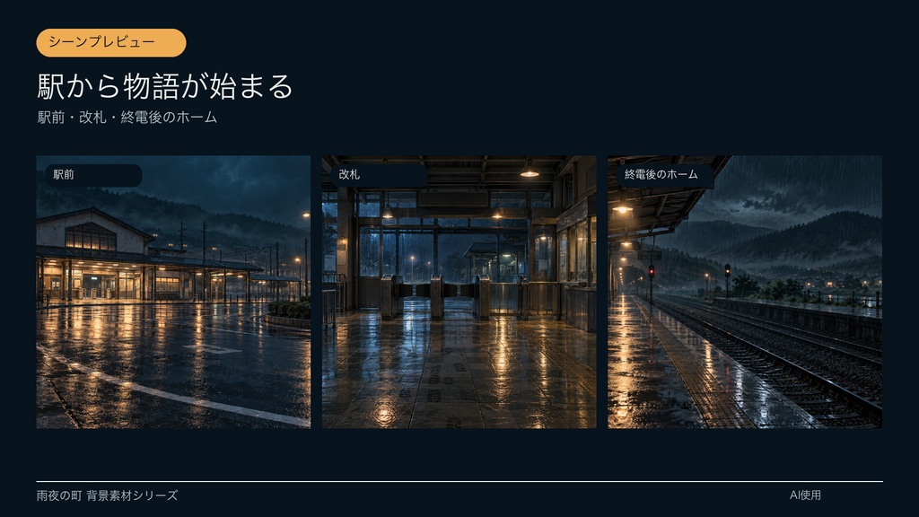 【背景素材6枚】雨夜の終電駅と寂れた商店街|ゲーム・TRPG・配信・商用利用可