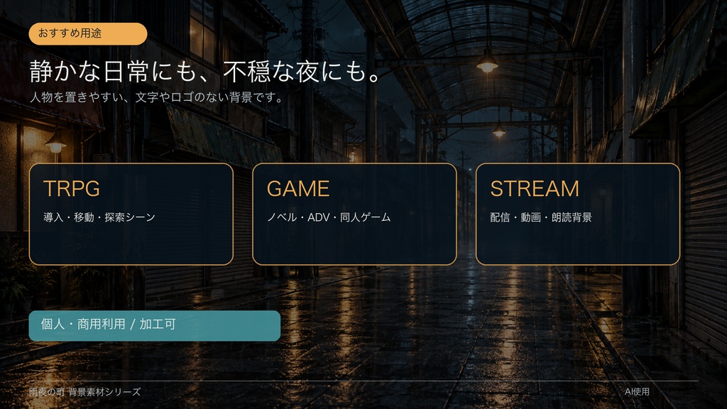 【背景素材6枚】雨夜の終電駅と寂れた商店街|ゲーム・TRPG・配信・商用利用可