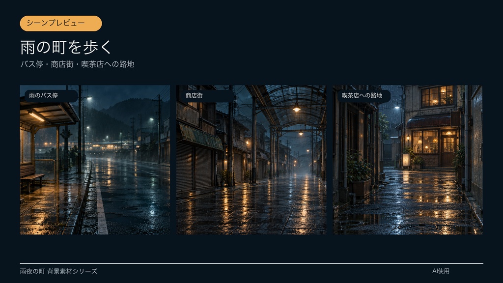 【背景素材6枚】雨夜の終電駅と寂れた商店街|ゲーム・TRPG・配信・商用利用可