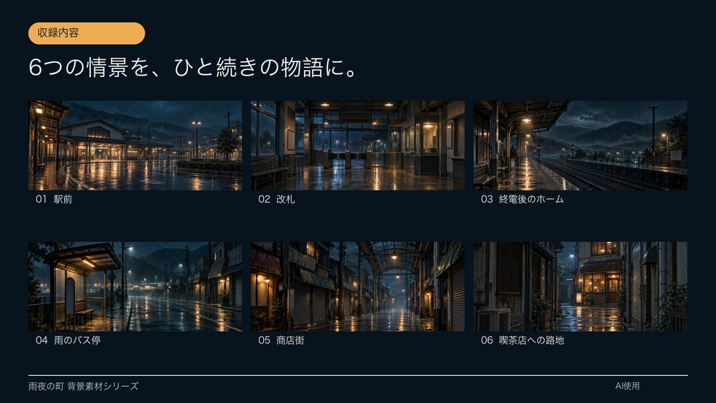 【背景素材6枚】雨夜の終電駅と寂れた商店街|ゲーム・TRPG・配信・商用利用可