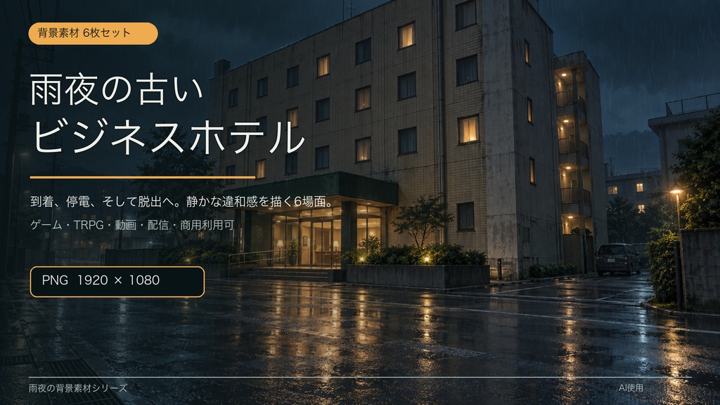 【背景素材6枚】雨夜の古いビジネスホテル|ゲーム・TRPG・配信・商用利用可