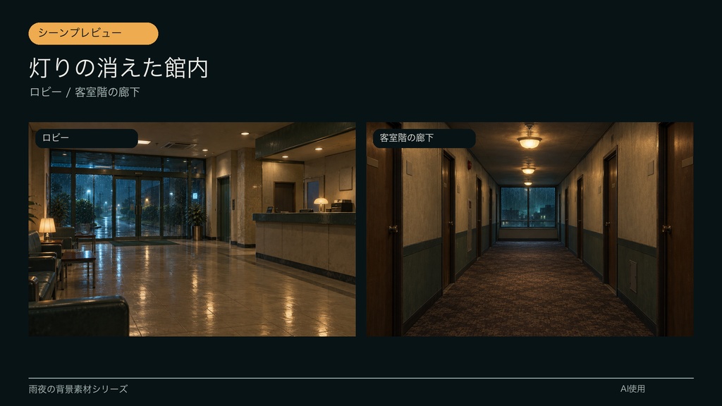 【背景素材6枚】雨夜の古いビジネスホテル|ゲーム・TRPG・配信・商用利用可