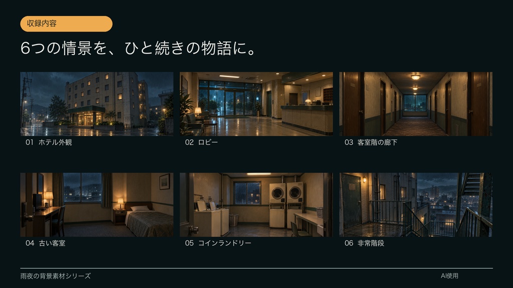 【背景素材6枚】雨夜の古いビジネスホテル|ゲーム・TRPG・配信・商用利用可