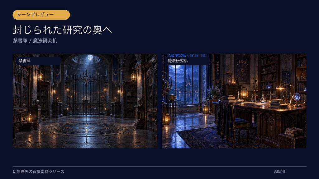 【背景素材6枚】月夜の魔法図書館|ファンタジー・TRPG・ゲーム・商用利用可