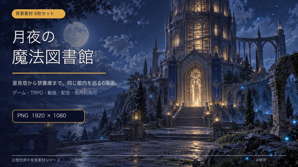 【背景素材6枚】月夜の魔法図書館|ファンタジー・TRPG・ゲーム・商用利用可