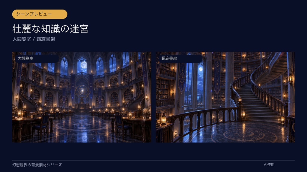 【背景素材6枚】月夜の魔法図書館|ファンタジー・TRPG・ゲーム・商用利用可
