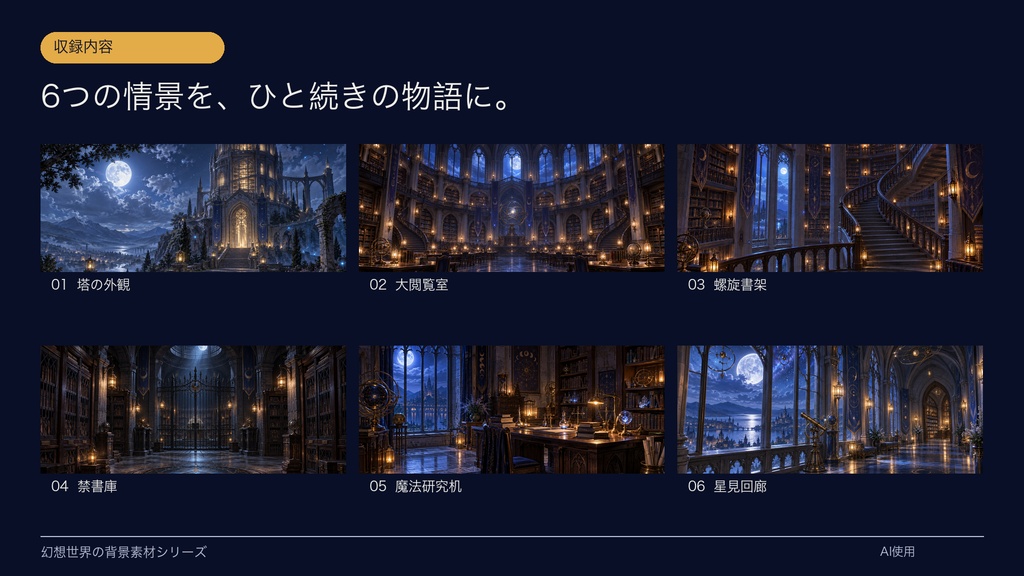 【背景素材6枚】月夜の魔法図書館|ファンタジー・TRPG・ゲーム・商用利用可