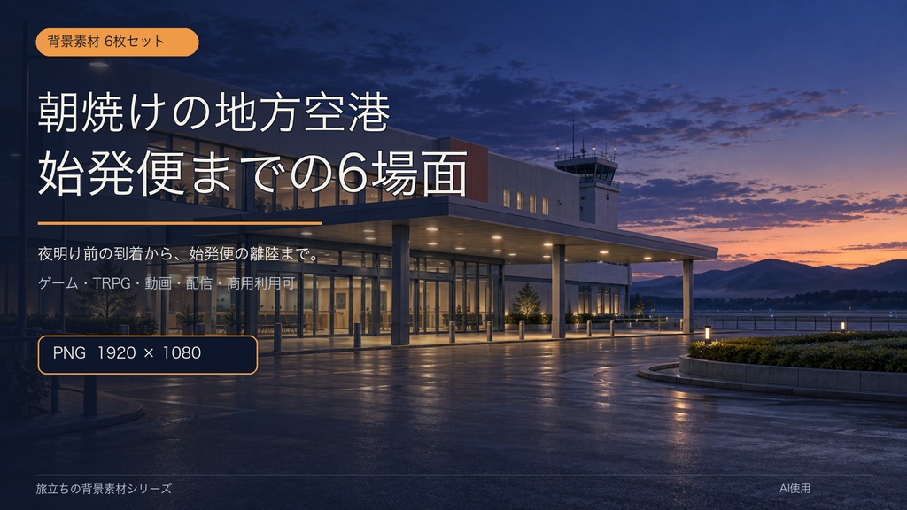 【背景素材6枚】朝焼けの地方空港 ― 始発便までの6場面|ゲーム・TRPG・配信・商用利用可