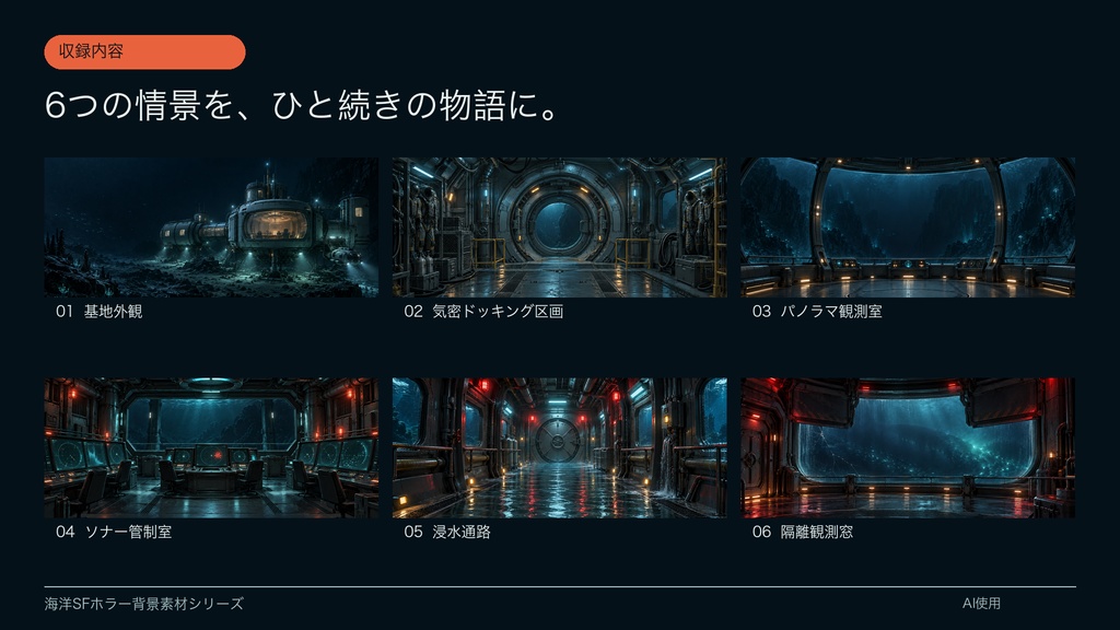 【背景素材6枚】深海観測基地 ― 浸水警報の6場面|SFホラー・TRPG・ゲーム・商用利用可