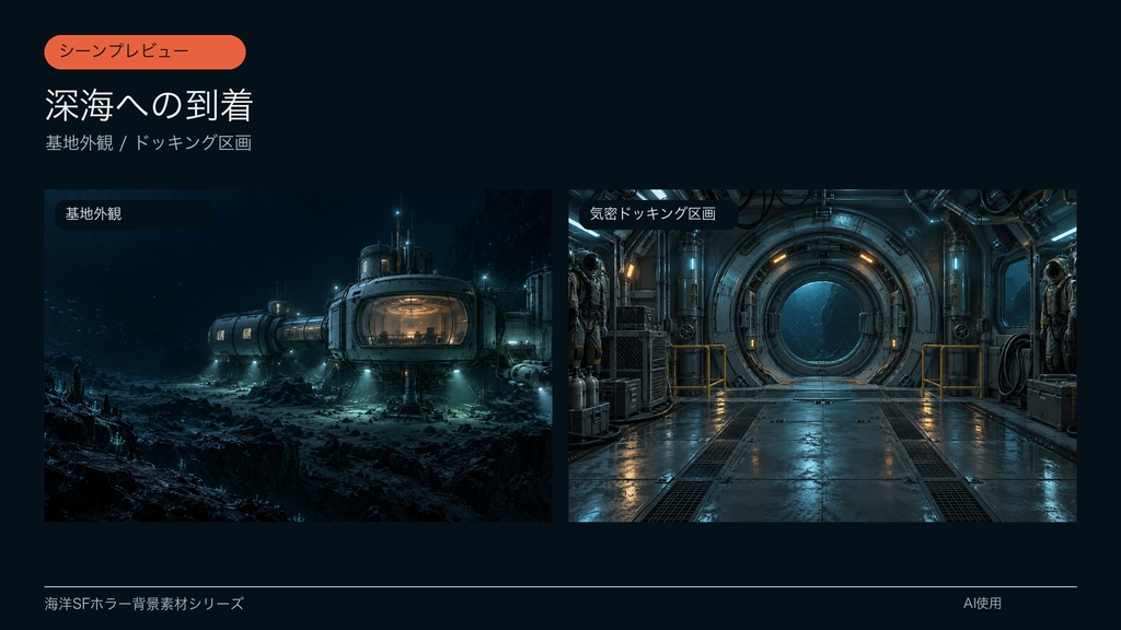 【背景素材6枚】深海観測基地 ― 浸水警報の6場面|SFホラー・TRPG・ゲーム・商用利用可