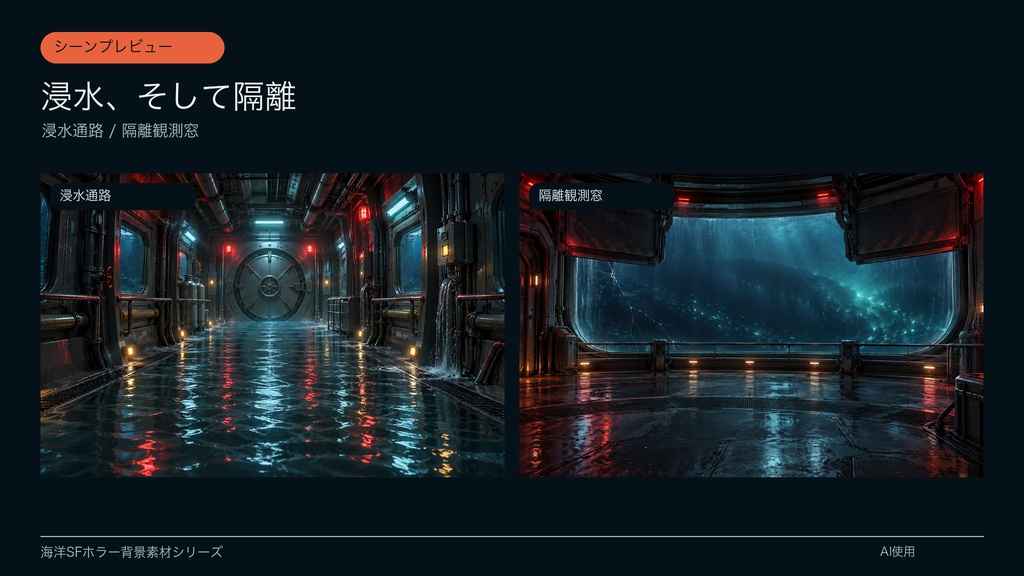 【背景素材6枚】深海観測基地 ― 浸水警報の6場面|SFホラー・TRPG・ゲーム・商用利用可