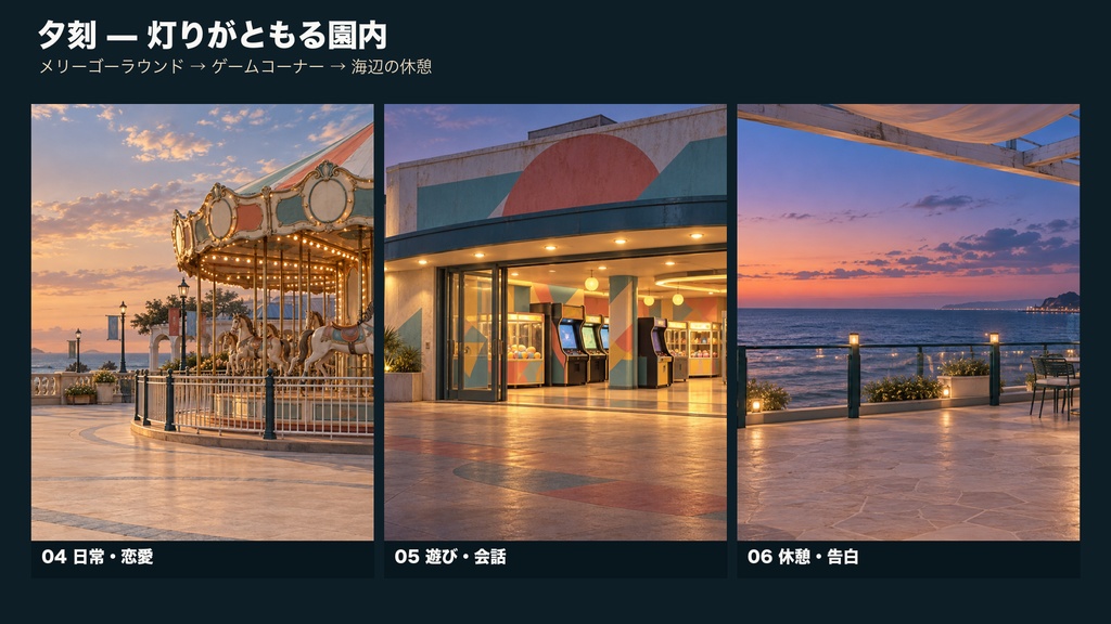 【背景素材10枚】夕暮れの海辺遊園地 ― 閉園まで|ゲーム・TRPG・配信・商用利用可