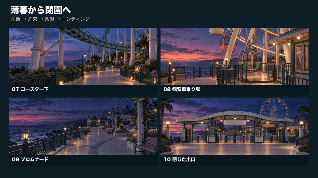【背景素材10枚】夕暮れの海辺遊園地 ― 閉園まで|ゲーム・TRPG・配信・商用利用可
