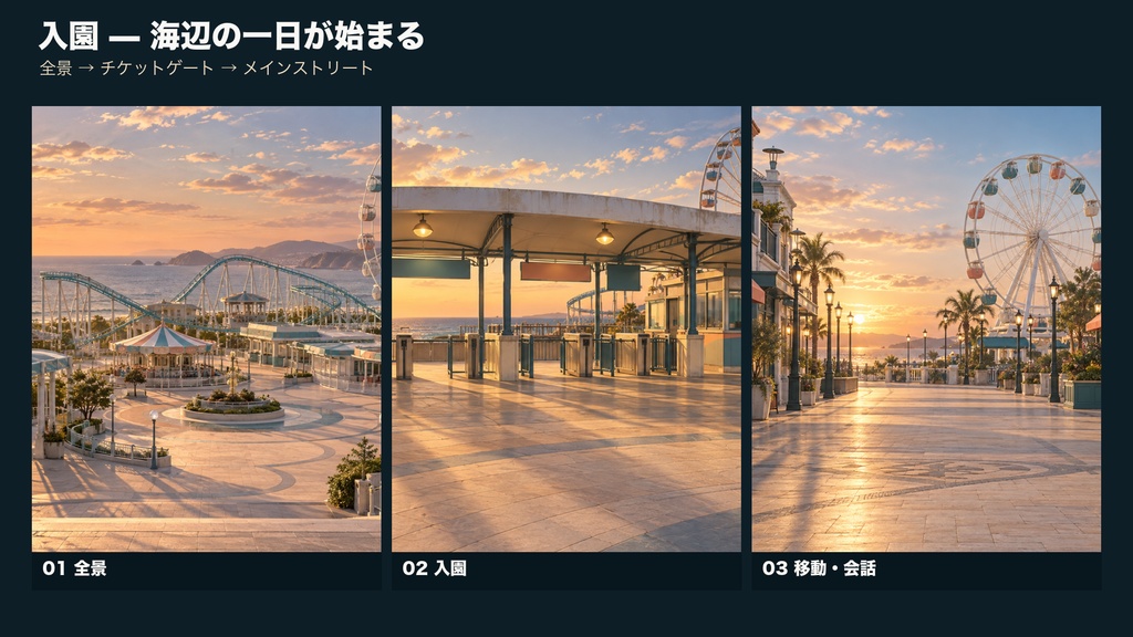 【背景素材10枚】夕暮れの海辺遊園地 ― 閉園まで|ゲーム・TRPG・配信・商用利用可