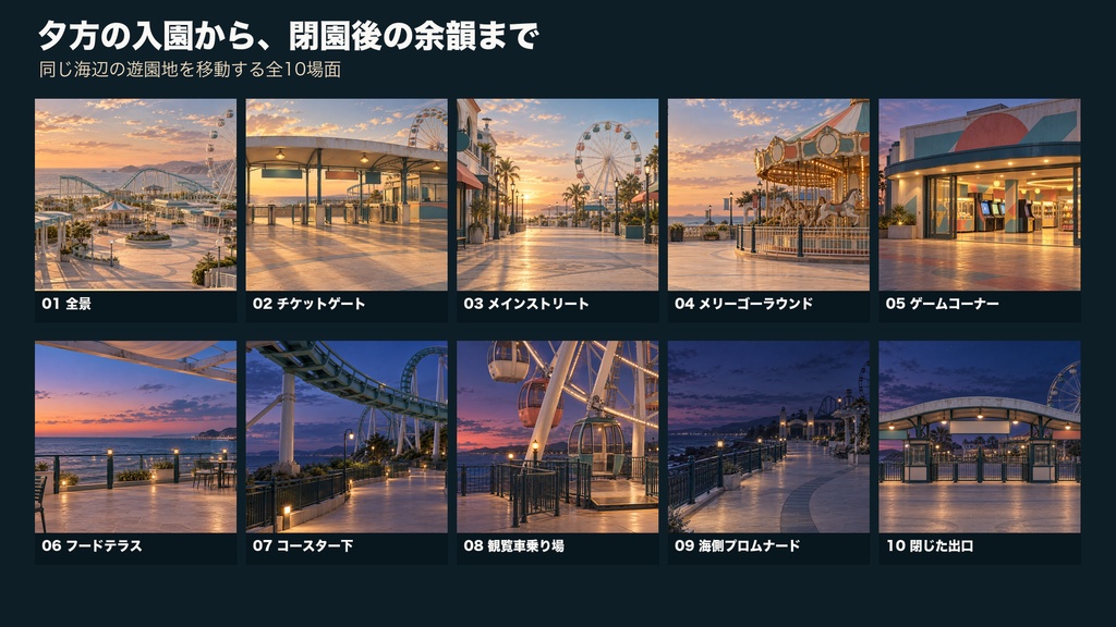 【背景素材10枚】夕暮れの海辺遊園地 ― 閉園まで|ゲーム・TRPG・配信・商用利用可
