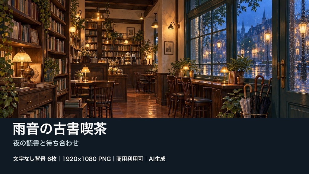 【背景素材6枚】雨音の古書喫茶 ― 夜の読書と待ち合わせ｜TRPG・ゲーム・商用利用可