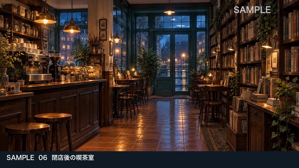 【背景素材6枚】雨音の古書喫茶 ― 夜の読書と待ち合わせ|TRPG・ゲーム・商用利用可