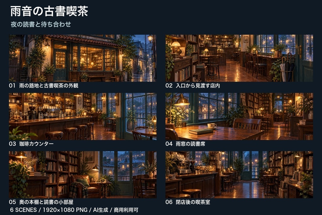 【背景素材6枚】雨音の古書喫茶 ― 夜の読書と待ち合わせ|TRPG・ゲーム・商用利用可